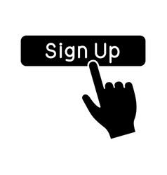 a hand with a finger on a sign up button